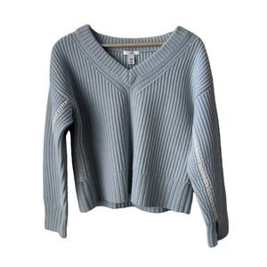 Lewit V-Neck Cashmere Sweater Baby Blue Contrast Stitching Drop Shoulder Soft SM